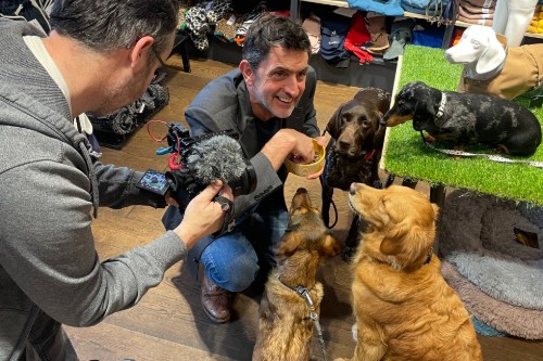 Justin Rowlatt crouches to pet dogs